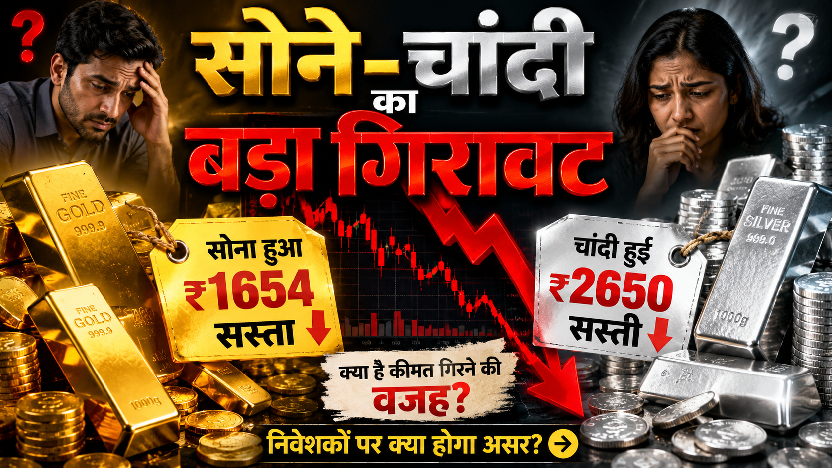 सोने चांदी की कीमतें फिर गिरीं: चांदी ₹2650 सस्ती, सोना ₹1654 कम