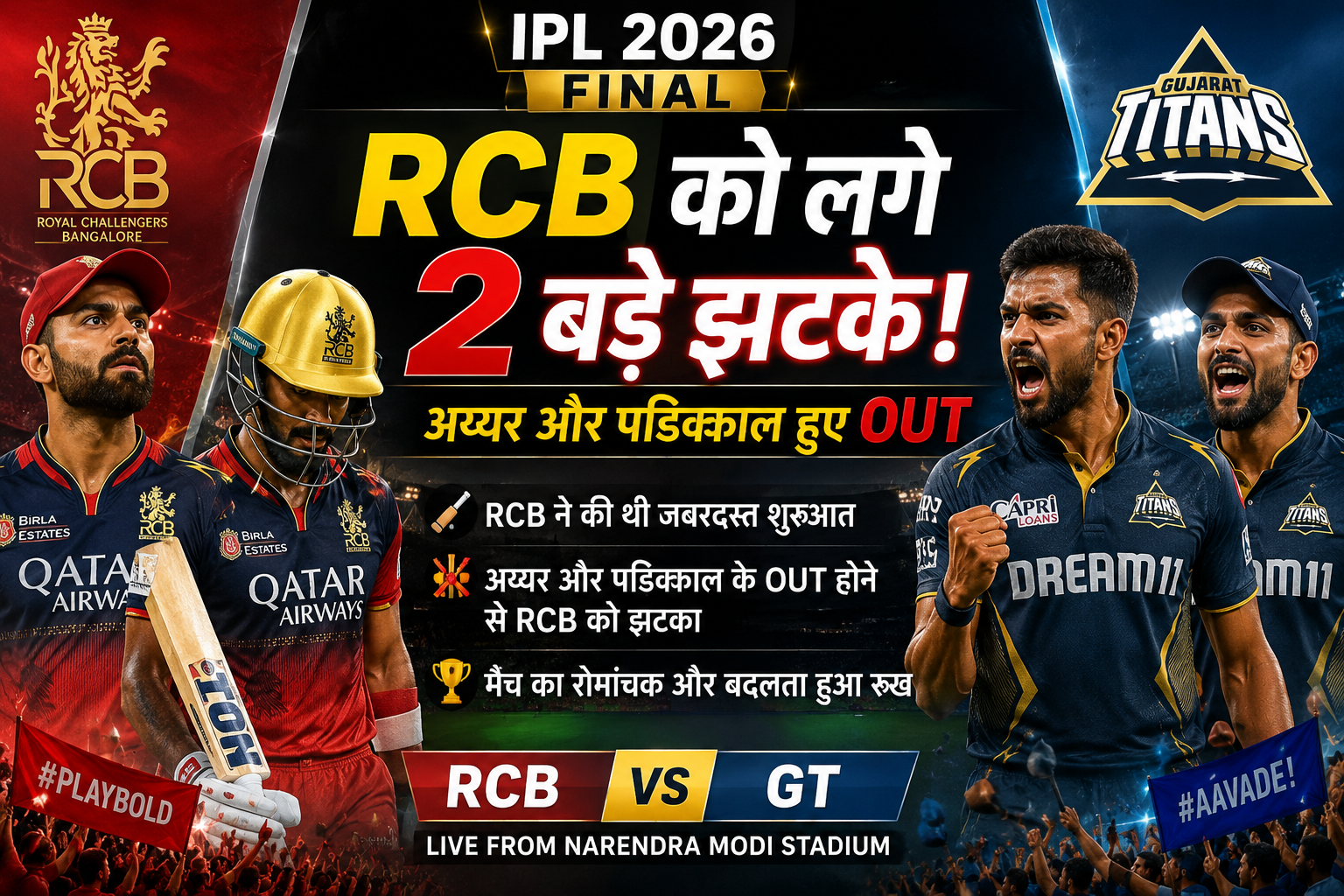 IPL 2026 Final RCB vs GT Live Score: तेज शुरुआत के बाद RCB को दो झटके, अय्यर और पड‍िक्कल हुए आउट