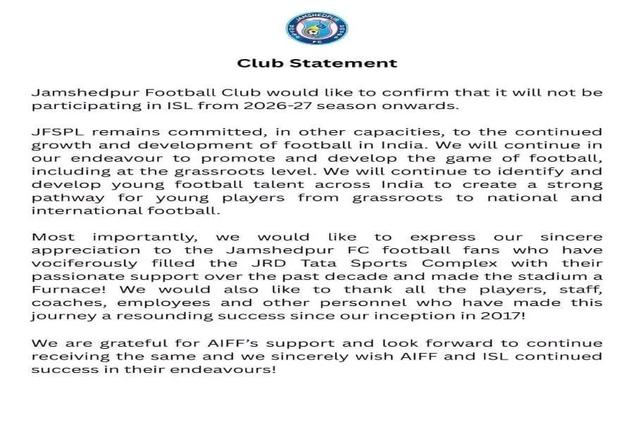 Jamshedpur FC ISL 2026-27 से बाहर, क्लब ने जारी किया स्पष्टीकरण